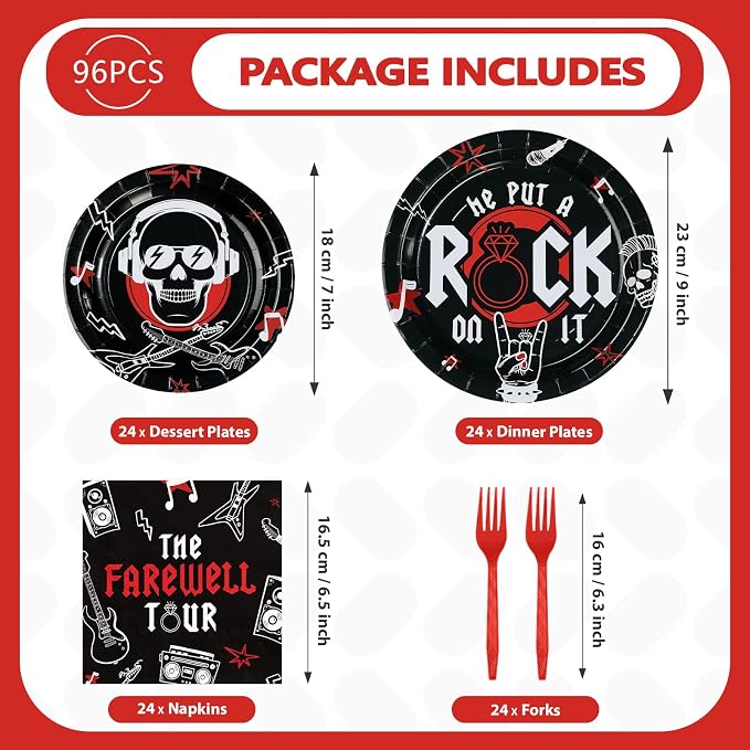 96Pcs Rock and Roll Party Decorations He Put A Rock On It Plates and Napkins Rock N Roll Tableware Sets for Boys Girls Bachelor Rockstar Guitar Music Theme Born to Rock Party Decorations Supplies
