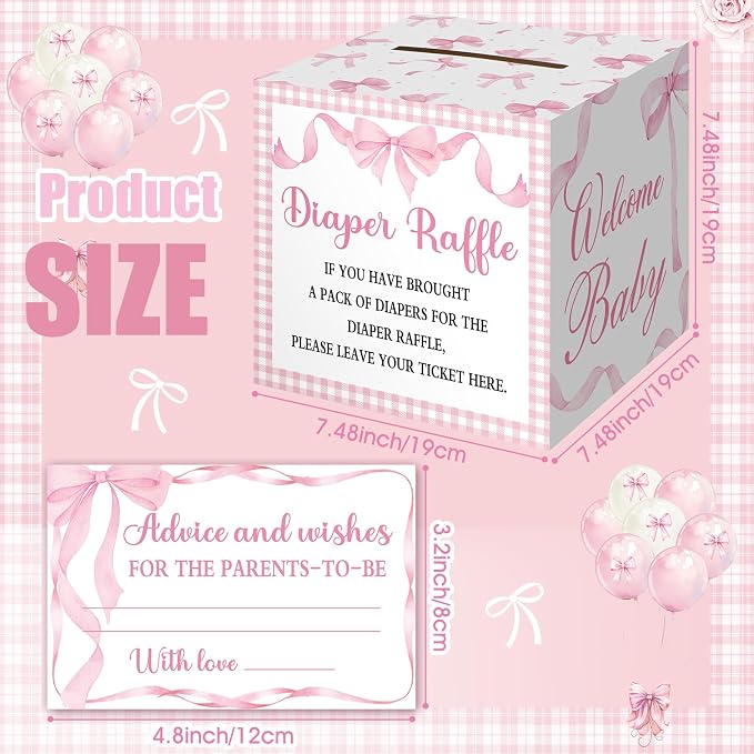 Teling 51 Pieces Diaper Raffle Tickets with Card Box Baby Shower Decorations Baby Shower Holder Box for Girl Boy Diaper Raffle Party(Pink Bow Style)