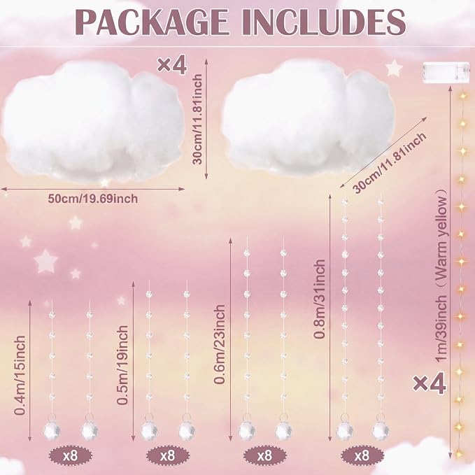 Marsui Artificial Cloud Props LED Hanging Cloud Light String Fake Imitation 3D Cotton Classroom School Decor Raindrop for Room Ceiling Baby Shower Party Wedding Nursery Classroom Wall DIY Decor(4 Pcs)