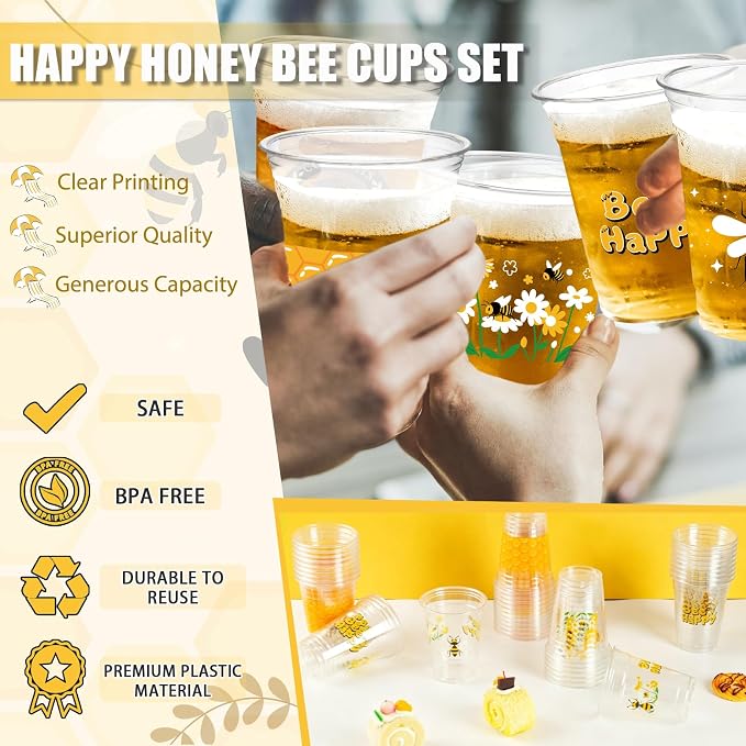 50 Pcs Honey Bee Party Decoration Cups, 12 oz Clear Disposable Drinking Honey Cups, First Bee Day Theme Summer Party Decorations Favors for Home, Kitchen, Baby Shower
