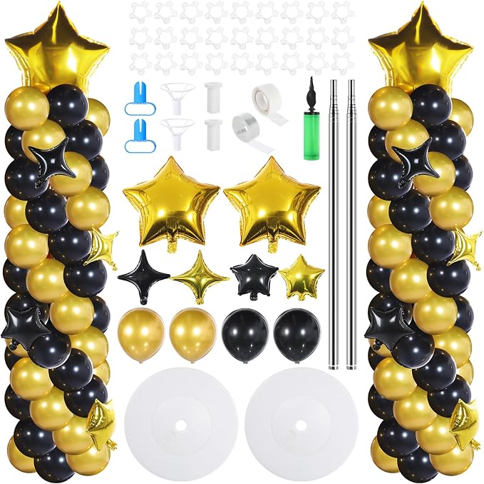 Gejoy 110 Pcs Black Gold Balloons Column Stand Kit Adjustable Tower Stand from 1.4 to 6.6 ft with Bases for Back to School Wedding Birthday Baby Shower Party