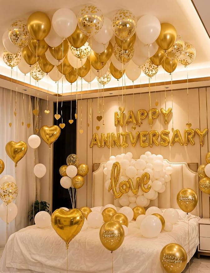Happy Anniversary Decorations, Gold and White Romantic Balloons Set with Love & Heart Foil Balloons, Happy Anniversary Balloons Banner and Silk Rose Petals for Valentine’s Day & Sweetest Day