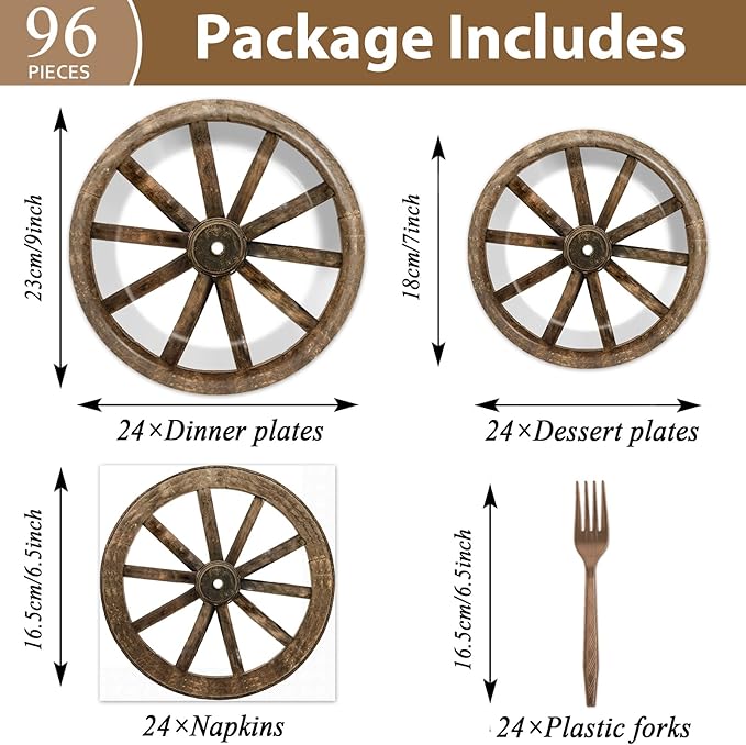 96Pcs Western Cowboy Party Paper Plates and Napkins for Western Party Supplies Wooden Wagon Wheels Themed Paper Dessert Plates Tableware Set for Kids Boys 24 Guests Birthday Party Decoration