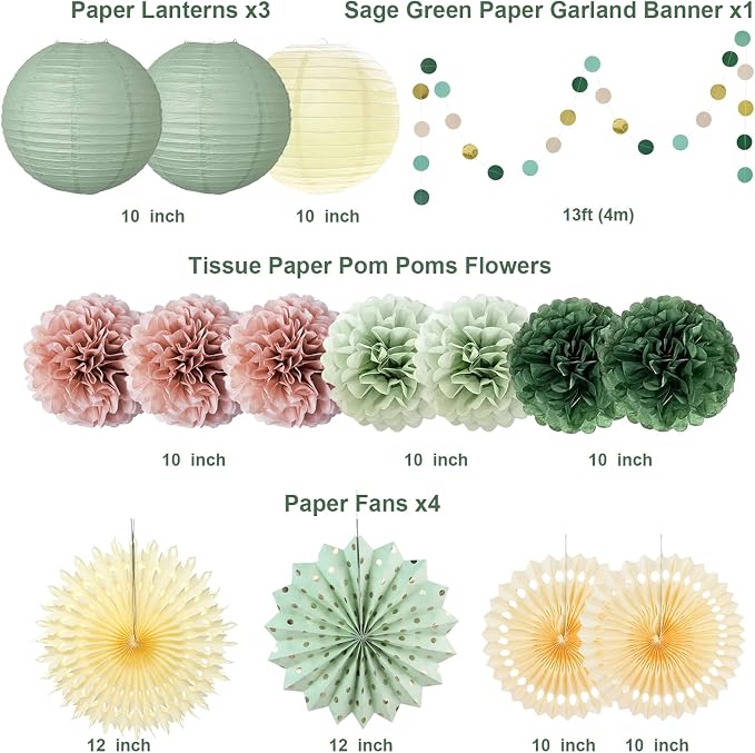 Sage Green Pink Party Decorations,Paper Fans Lanterns Pom Poms with Circle Garland，Sage Green and Dusty Pink Party Theme Supplies for Girl Birthday Baby Shower Bridal Shower Wedding