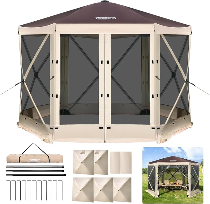 Tecoom 10x10ft 6-Side Pop Up Gazebo Tent, Waterproof Instant Screen with Mosquito Netting, Portable Outdoor Canopy with 4 Removable Wind Cloths, Sun Shelter for Camping, Garden and Picnics, Khaki