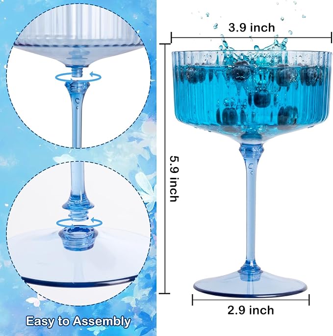 LIYH 20pcs Plastic Martini Glasses 10 Oz Blue Disposable Cocktail Coupe Champagne Tower Cups Perfect for Bar Cocktails Martinis Parties