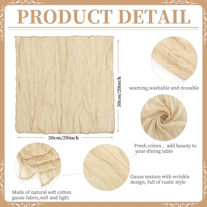 60 PCS Beige Gauze Cheesecloth Napkins,20x20 Inch Gauze Napkin Rustic Wrinkled Cheesecloth Napkin Bulk Washable Dinner Table Napkins for Wedding Party Bridal Shower Baby Shower Events Decor
