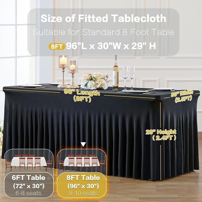 4 Pack Black Table Cloth for 8 Foot Rectangle Tables Spandex Fitted Tablecloth 8ft Stretch Table Covers Skirt Black Banquet Tablecloths Wrinkle Free Tablecloth for Party Wedding Birthday Event