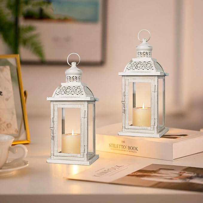 Lantern Decorative Indoor&Outdoor, 2 Pack 14.4'' Large Metal Candle Lanterns, Vintage Hanging Candle Holders for Farmhouse Wedding Front Porch Patio, Halloween Christmas Decorations for Home