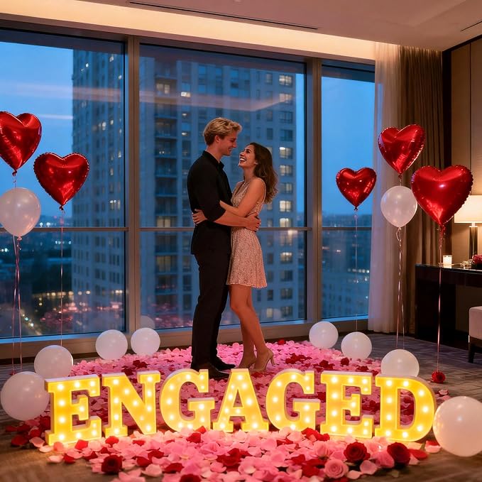 Engaged Decorations, Engaged Light Up Letters Sign with Rose Petals, Aluminum Balloons, Round Pearlescent Balloon, Double Sided Tape for Valentine's Day Wedding Romantic Party