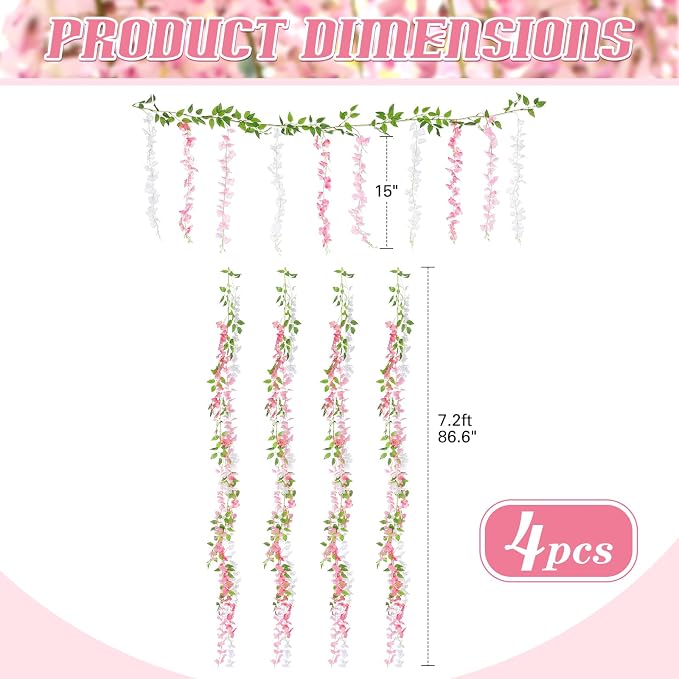Thiccywoov 4pcs Wisteria Artificial Flowers Garland, 7.2Ft/Piece Wisteria Hanging Flowers Garland for Wedding Arch Decoration Outdoor Ceremony Home Backdrop Garden (Pink,Dark Pink,White)