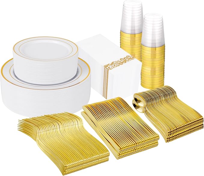 Supernal 400pcs Gold Plastic Plates for 50 Guests Heavy Duty Disposable Party Plates, 200 Gold Plastic Silverware, Linen Napkins, Clear Cups For Valentine's Day Mother's Day and Easter