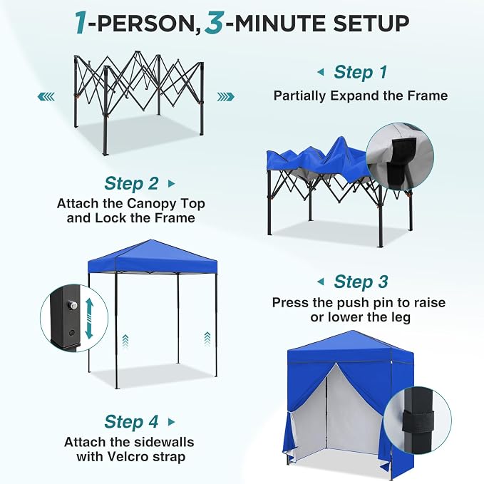 EAGLE PEAK 6x4 Instant Pop Up Canopy Tent with 4 Side Wall Panels, Straight Leg Sun Shelter, Portable Canopy with Carry Bag for Camping, Beach & Sports, Blue