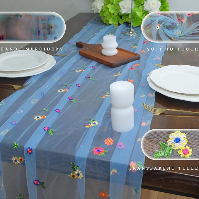 Set of 3 Flower Table Runner 10ft, 29 * 120 Inch Blue Table Cloth Sheer Tulle Table Cover,Embroidery Daisy Table Runner for Wedding Party Baby Shower Birthday Home Decor