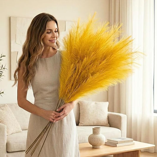 Gold Pampas Grass Decor Living Room Holiday Decor, Home Accent Decor, Gold Feathers Floral Picks, Faux Pampas Grass Tall Large Fluffy, 3 Stems x 115cm/45in