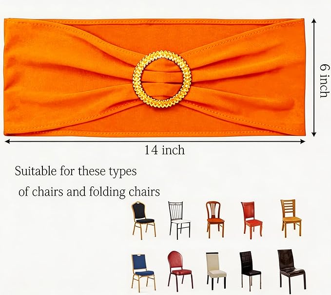 Pack of 50 Spandex Orange Chair Sashes with Gold Buckles, Stretch Chairs Sashes for Wedding Party Baby Shower Ceremony Event Decorations Chair Bands Bows (Orange Sashes, Gold Buckles)