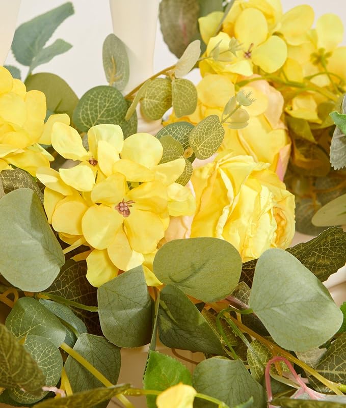 PONKING Flower Garland Artificial Rose & Hydrangea Vine Hanging Fake Flowers Vines for Wedding Birthday Party Valentines Christmas Room Wall Arch Decor, 1 Rose & 1 Hydrangea Yellow Floral Garland