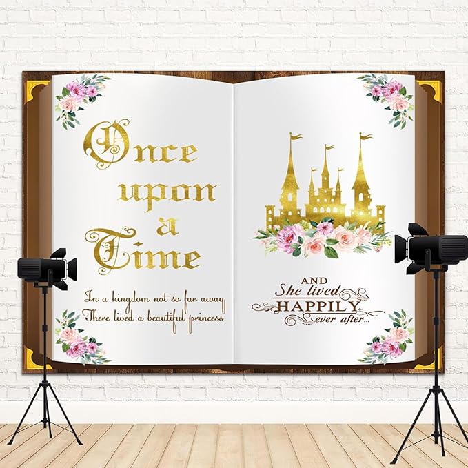 15x10ft Once Upon a Time Backdrop Fairy Tale Book Princess Castle Happily Ever After Floral Storybook Background for Birthday Wedding Baby Shower Bridal Shower Party Decor Photo Booth Props