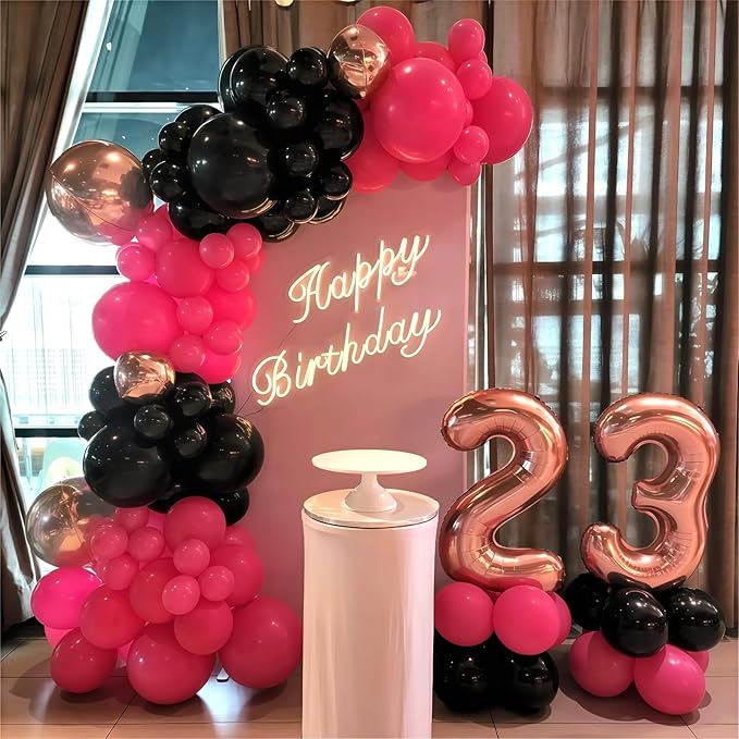 Pink and Black Balloon Arch Kit, 115Pcs Pastel Hot Pink Black White with Explosion Star Foil Latex Balloon Garland for Girls Women Birthday Theme Baby Shower Party Decorations