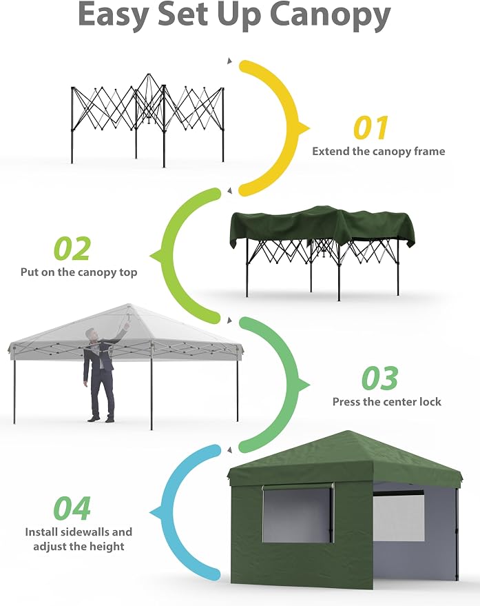 10x10 Pop Up Canopy with 3 Sidewalls - Outdoor Canopy Tent with Portable Roller Bag - One Button Push Setup, 3 Adjustable Height, 4 Weight Bags, 8 Stakes & 4 Guy Ropes Included, Green