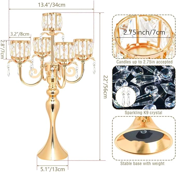 Gold 5 Arm Pendant Square Crystal Table Decor 22 inch Candle Holder, Classic and Elegant Table Centerpiece Atmosphere Candle Holders for Gift Wedding Party Home Decor