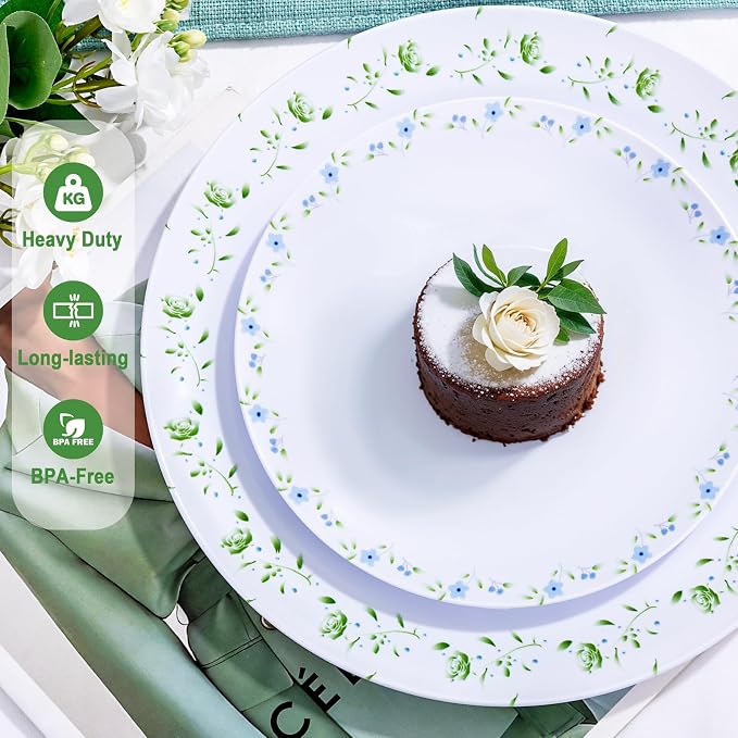 YOUBET 60PCS Floral Plastic Plates - Disposable Decorative Plates Set for 30 Guests - Blue and Green Floral Plate - Spring Plastic Dishes Dinnerware Sets for Tea Party & Wedding & Bridal Shower