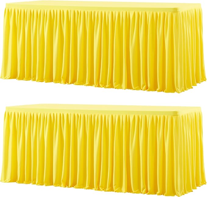 Wish Care 2 Pack Yellow Rectangle Table Clothes for 8 Foot Tables, Polyester Fitted Tablecloths 8ft Stretch Table Cover for Wedding, Birthday, Parties, Trade Show, Craft Show