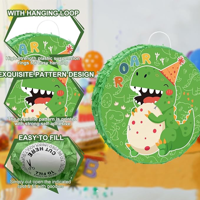 4 In 1 Dinosaur Round Piñata, 17.58'' Dinosaur Piñata Bundle, Dinosaur Birthday Party Decorations Stick etc Dino Party Pinata for Dinosaur Party Favor Bag Fillers Decorations