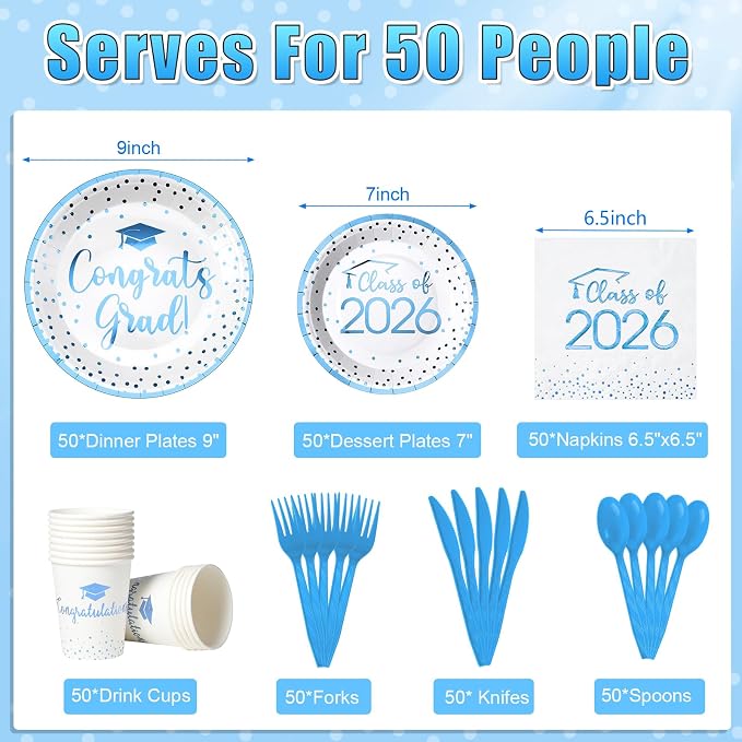 350pcs Class of 2026 Graduation Plates and Napkins Set, Disposable Paper Plate Set Polka Dots Napkins Cups Knife Fork Spoon for Graduation Party Decorations and Supplies,Serve 50(White LightBlue)