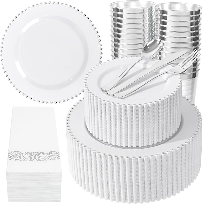 LIYH 350 Pcs Plastic Dinnerware Set for 50 Guests - White Silver