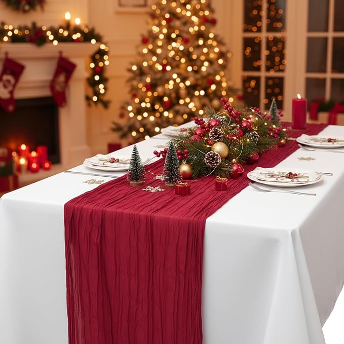 3 Pack Red Cheesecloth Table Runner 120 Inch 10FT Cheese Cloth Fabric Runners for Banquet, Valentine's Day, Independence Day, Retro Decoration