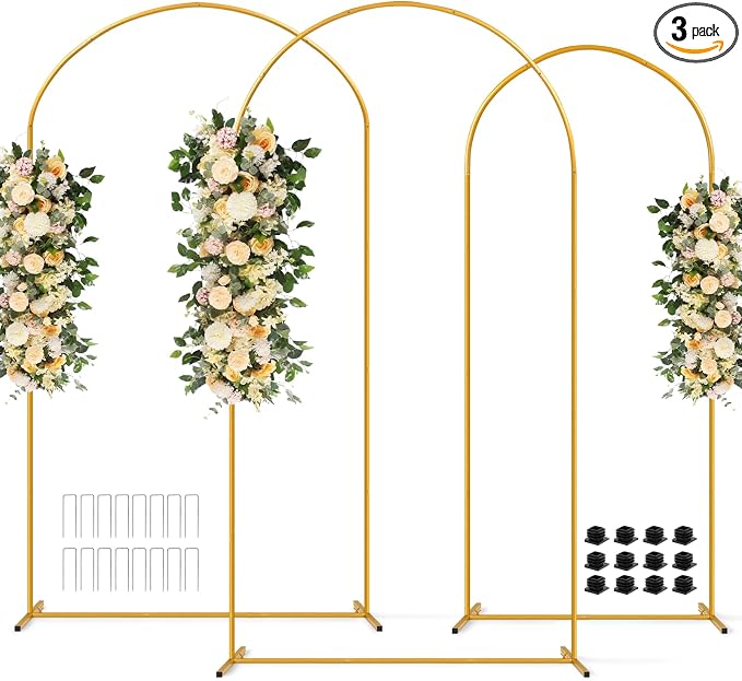 Tamodan Metal Arch Backdrop Stand Set of 3 (7.2FT+6.6FT+6FT), Gold Wedding Arch with 12 Ground Nails, Stable Balloon Flower Arch for Wedding Birthday Baby Shower Garden Decor