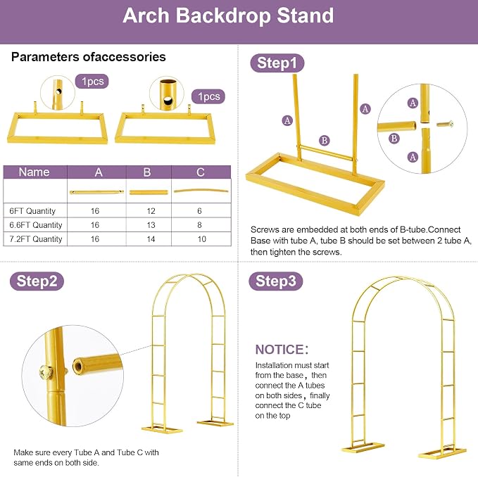 6.6FT Metal Garden Arch Trellis Arbor, Wedding Arch Stand with Steel Frame, Metal Pergola Arbor with Base, Assemble Freely 3 Sizes, for Valentines Day Garden Trellis Climbing Plant, Bridal Party