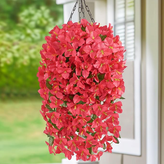 Livole 4Pcs Bougainvillea Artificial Flowers for Outdoors, Realistic UV Resistant Red Faux Outdoor Plants Flowers, Silk Hanging Fake Flowers for Outside Home Porch Patio Balcony Garden Decor