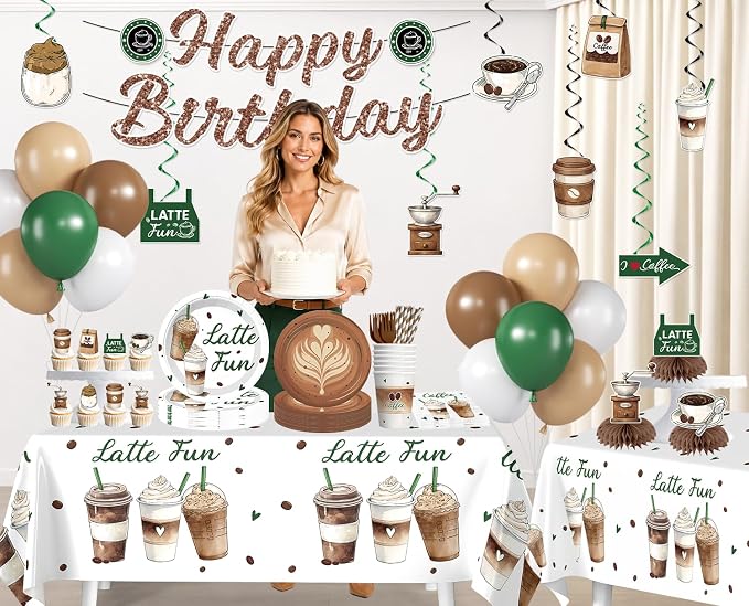 213pcs Coffee Birthday Decorations, Serves 25 People, Includes Pre-Strung Banner, Heavy-Duty 350gsm Paper Plates, Waterproof & Oil-Proof Disposable Plastic Tablecloths