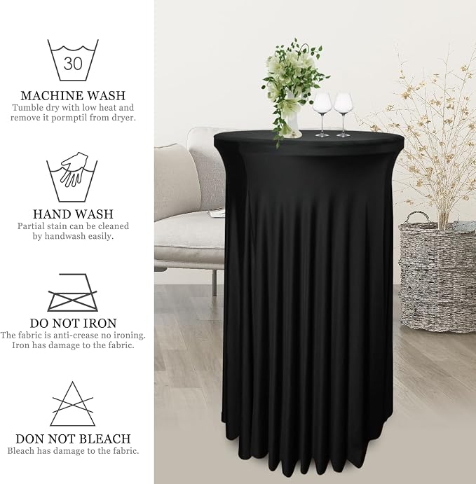 1 Pack 32"x43" Black Round Cocktail Table Skirt| Cocktail Spandex Tablecloth |Spandex Fitted High Top Table with Skirt|Stain 、Wrinkle Resistant、Washable for Bar Wedding Cocktail Party Banquet Table