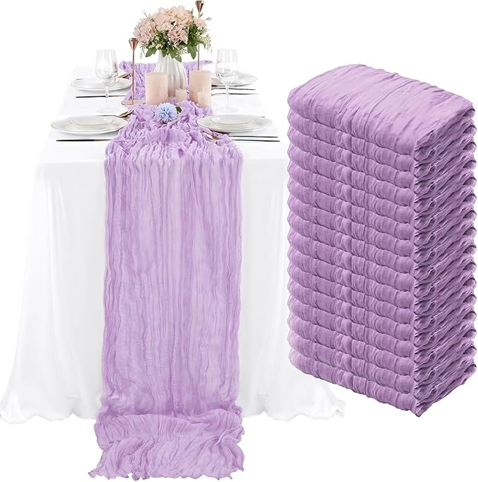 16 Pack Purple Lavender Cheesecloth Table Runner 35x120 Inch Boho Rustic Gauze Table Runners, 10Ft Long Sheer Purple Lavender Cheese Cloth Table Runners for Wedding Bridal Shower Party Table Decor