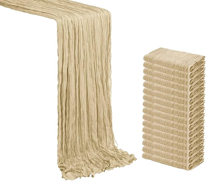 MDS Pack of 3 Cheesecloth Table Runner 35x120 Inch, 10FT Long Gauze Cheese Cloth Table Runner for Wedding Party Birthday Bridal Shower Farmhouse Garden Boho Rustic Table Decoration - Champagne