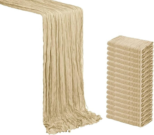 VDS 15 PCS, Champagne 10Ft Cheesecloth Table Runner 35x120 Inch Boho Gauze Table Runners Sheer Rustic Romantic Long Table Runner for Wedding Bridal Shower Birthday Party Table Decoration Home Décor