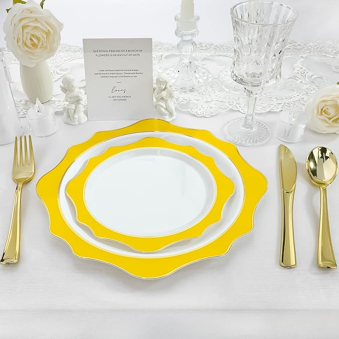 realluck 100 PCS White and Yellow Disposable Plates for 50 Guests, Scalloped Plastic Plates Include 50 Dinner Plates and 50 Dessert Plates for Party, Wedding