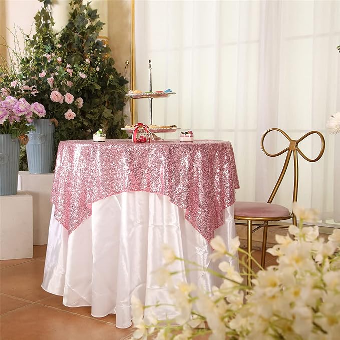 Eternal Beauty Fuchsia Pink Tablecloth, 50x50 Inch Sequin Square Table Cover for Mother's Day Cake Dessert Exhibition Party Birthday Events