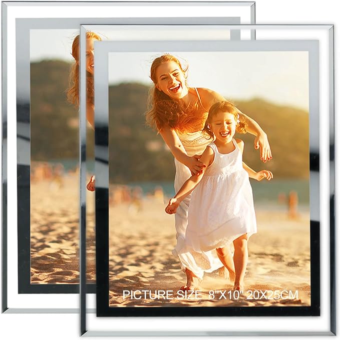 HIKWADERY 8x10 Picture Frames Silver - Set of 2, HD Real Glass 8 by 10 Photo Frame Mirrored Edge for Tabletop Display,Wedding Birthday Mothers Day Gifts (8 x 10, Silver)