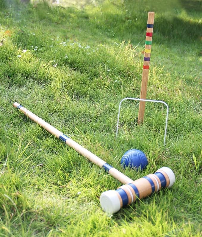 Juegoal Six Player Croquet Set with Wooden Mallets Colored Balls for Lawn, Backyard and Park, 28 Inch