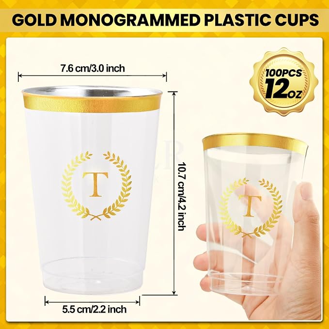 100 Pieces Monogrammed Plastic Cups Gold Foil Letter T Disposable Cups 12 oz Clear Initial Party Cups for Wedding Birthday Baby Shower Personalized Party Drinkware
