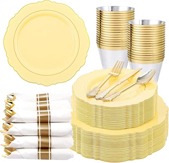 Liacere 350PCS Yellow Plates - Yellow Disposable Plastic Plates With Gold Rim-50Guest Plastic Dinnerware include 100 Plates,50 Pack Pre Rolled Napkins with Silverware 50Cups for Wedding＆Party