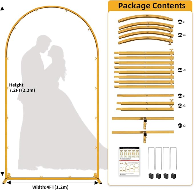 7.2 FT Wedding Arch Backdrop Stand, Gold Metal Arch Backdrop Stand for Wedding Party Ceremony Birthday Bridal Baby Shower Photo Booth Garden Floral Balloon Arches Decoration