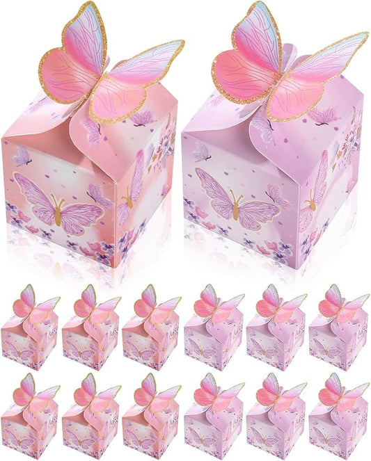 Liobelon 48 Pcs MINI Butterfly Party Favor Treat Boxes, Pink Purple Floral Candy Paper Gift Box Butterfly Decorations Bridal Showers Chocolate Box for Wedding Anniversary Birthday Party