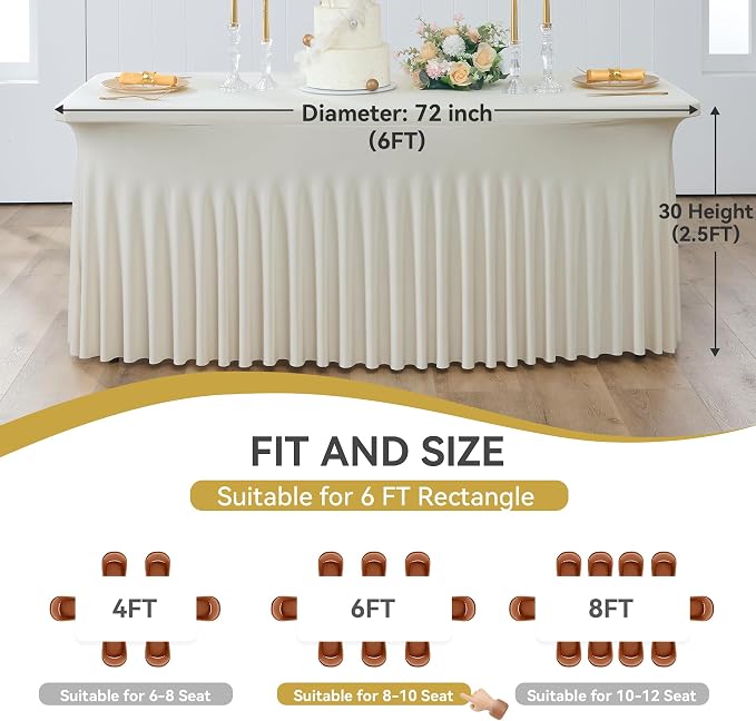 Outpain Beige Spandex Table Clothes for 6 Foot Rectangle Tables-6Pack 6FT Spandex Fitted Table Cover, Wrinkle Free Tablecloths with Skirt for Parties, Wedding, Birthday, Banquet, Festival