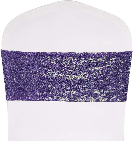 Pack of 25 Stretch Sequin Chair Sashes Chair Bands One-Sided Sequins Decor for Hotel Wedding Reception Events Party Chair Cover Decoration (Purple)