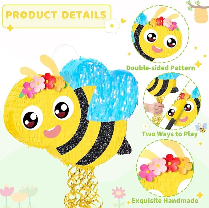 WERNNSAI Bee Piñata - Happy First Bee Day Decorations Cute Piñata with Blindfold and Bat for Kids Birthday Classroom Garden Party Game Supplies Baby Shower Spring theme Party Decorations
